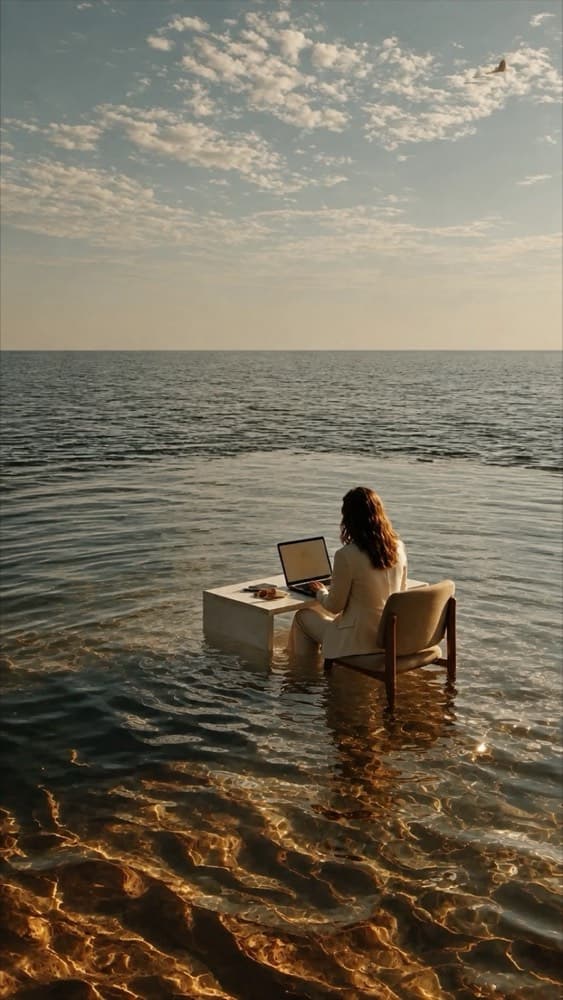 Femme devant son ordinateur, assise à un bureau posé dans la mer