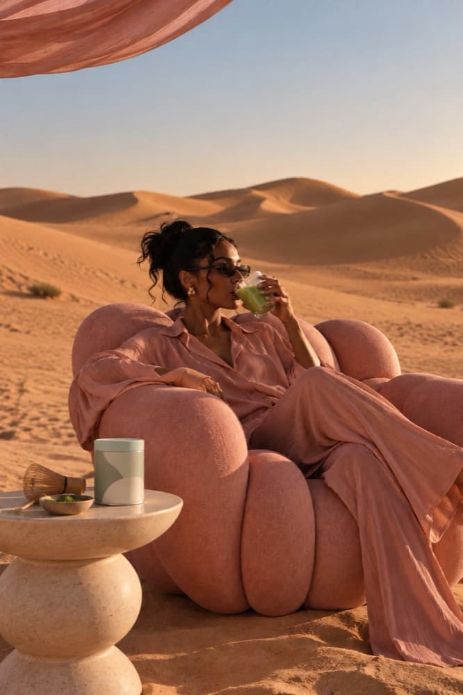 Rituel matcha dans le désert, univers marque lifestyle