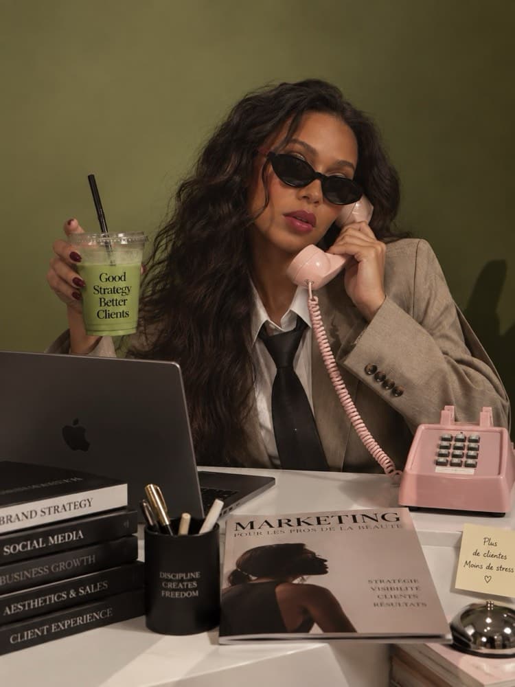 Professionnelle au bureau, au téléphone