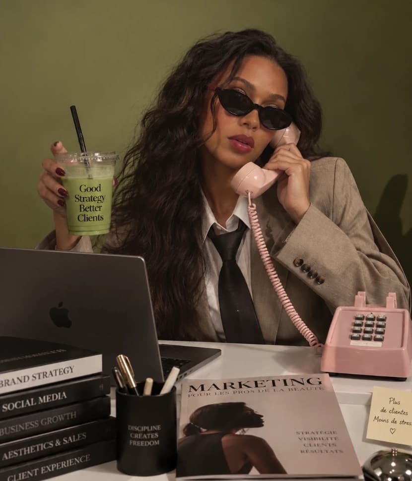 Isis au téléphone à son bureau, un smoothie « Good Strategy Better Clients » à la main