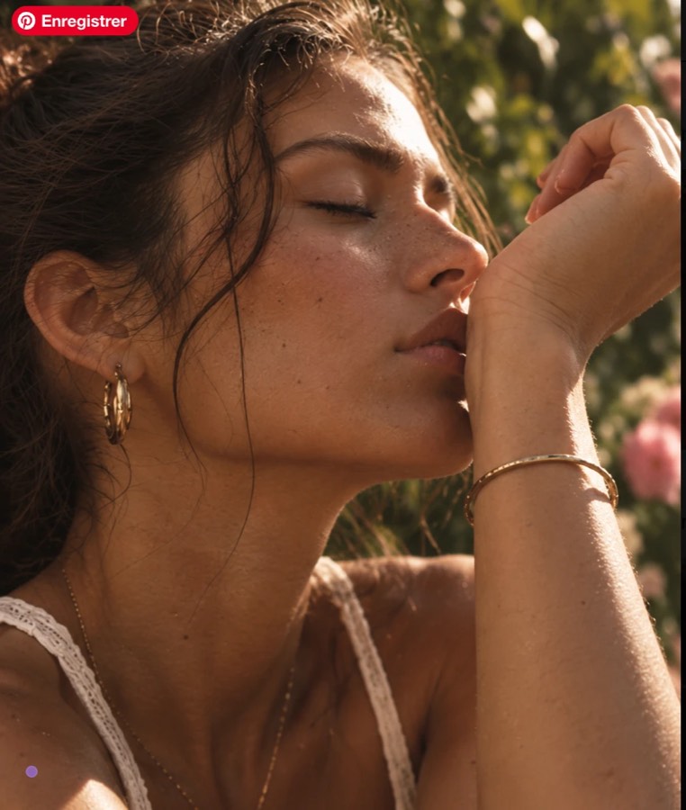 Portrait de profil, bijoux dorés, lumière naturelle